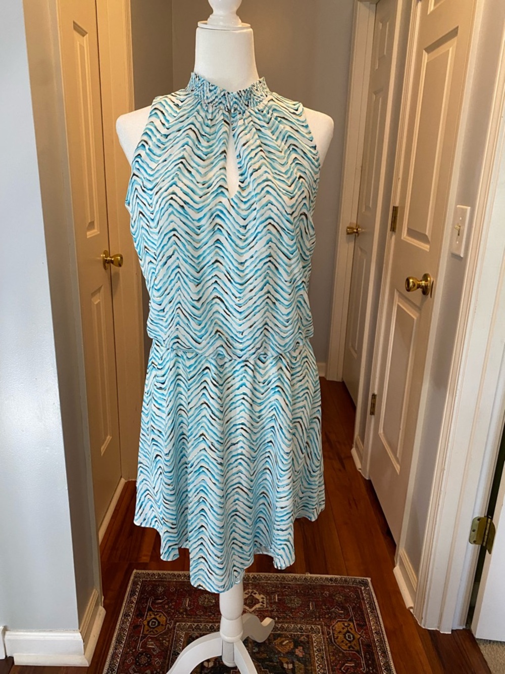 White House Black Market Aqua & White Chevron Halter Dress